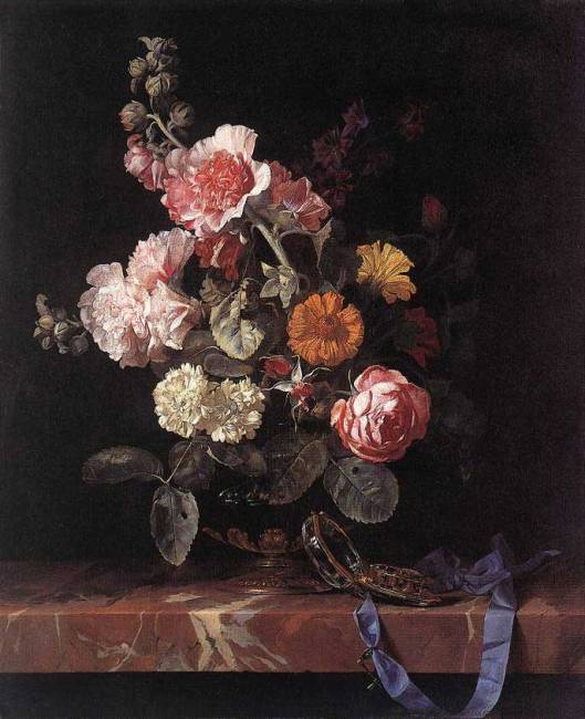 Willem van Aelst Vazoda çiçekler ve Saat